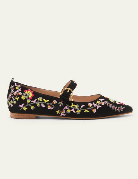 Pointed Toe Mary Jane Shoes - Black, Multi Embroidery