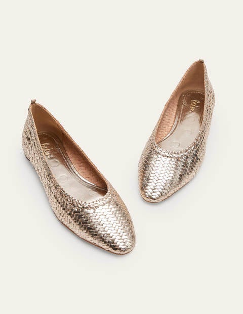 Almond Toe Ballerinas - Metallic Gold Woven
