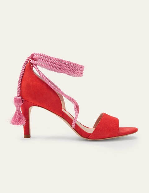 Suede Ankle Tie Heeled Sandals - Dragon Red