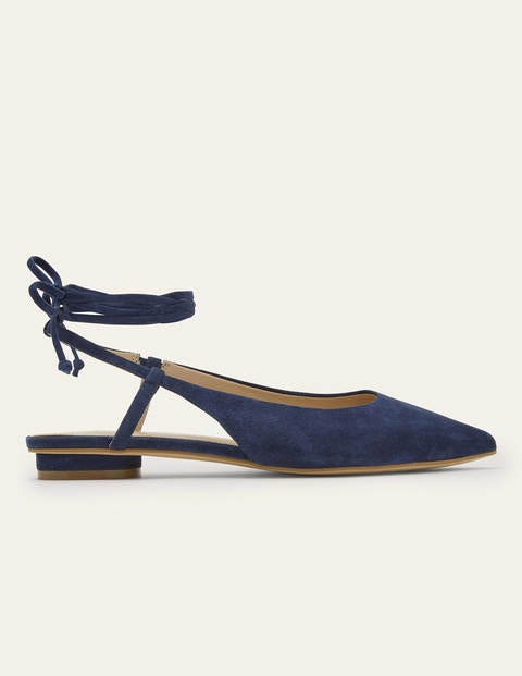 Ankle Tie Pointed Flats - Navy Suede