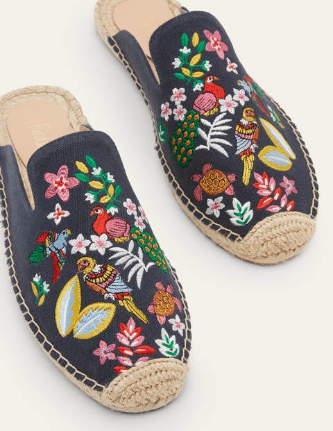 Embroidered Mule Espadrilles - French Navy, Exotic Paradise