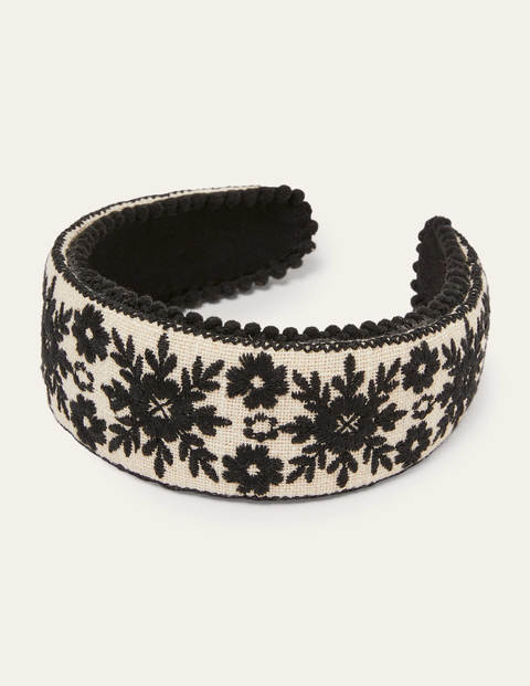Pompom Headband - White/Black Embroidery