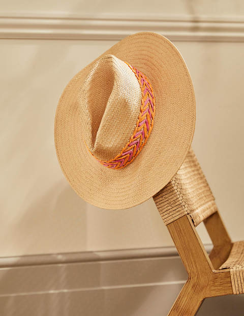 Embroidered Straw Fedora Hat - Natural