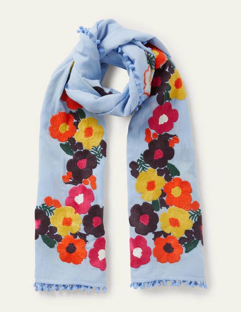 Embroidered Pompom Scarf - Dusty Blue, Embroidered