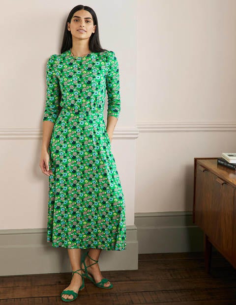 Puff Sleeve Jersey Midi Dress - Rich Emerald, Elegant Bloom