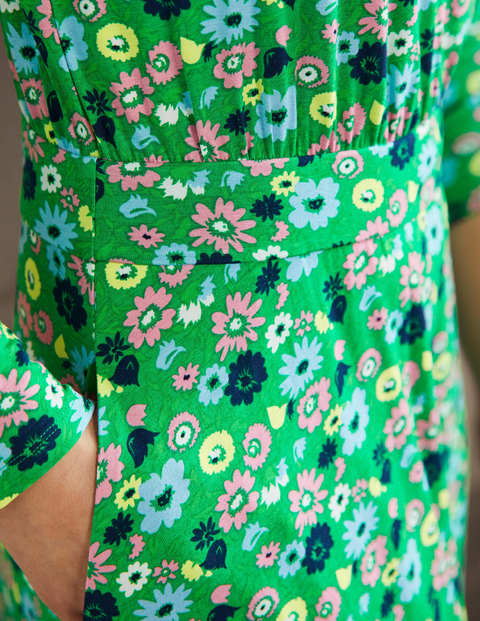 Puff Sleeve Jersey Midi Dress - Rich Emerald, Elegant Bloom