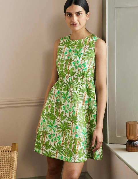 Smocked Waist Mini Dress - Green Tropical