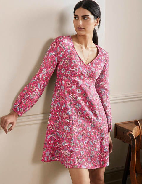 V-Neck Flippy Mini Dress - Radish, Oriental Paradise