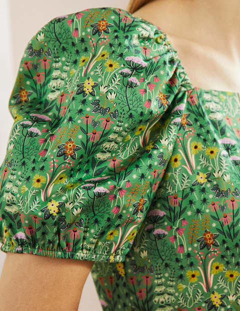 Minikleid mit Puffärmeln - Sattes Smaragdgrün, Wildblumenblüten