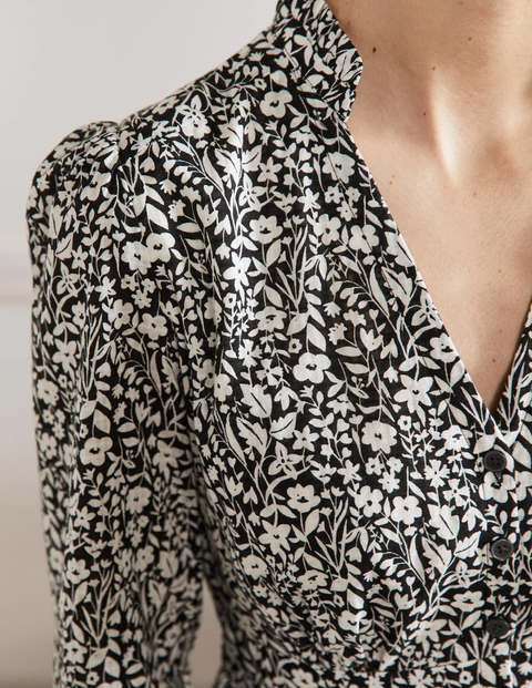 Mini-robe style 40s à col cranté - Noir, motif Wildflower Sprig