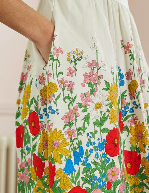 Tara Kleid mit schmaler Taille und weitem Rock - Naturweiß, Botanikmuster