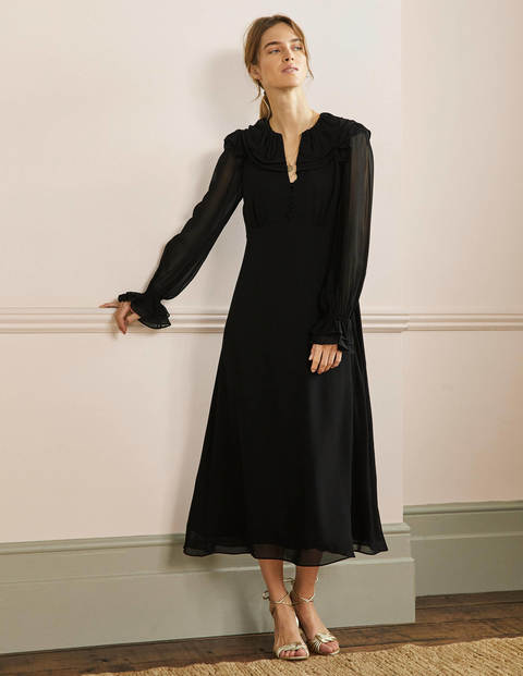 Lara Ruffle Detail Midi Dress - Black