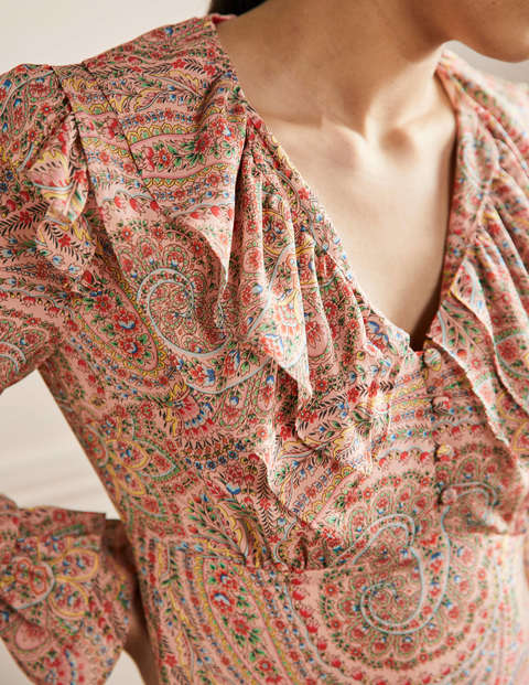 Lara Ruffle Detail Midi Dress - Milkshake, Flora Paisley
