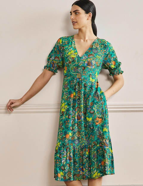 V-Neck Midi Tea Dress - Rich Emerald, Tropic Meadow