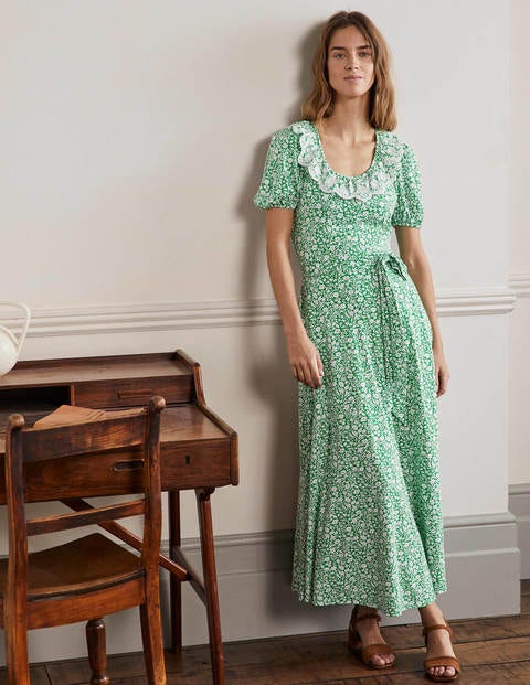 Trim Detail Jersey Midi Dress - Rich Emerald, Wildflower Sprig