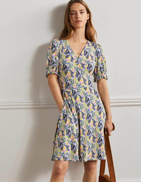 V-Neck Jersey Dress - Multi, Lemon Foliage