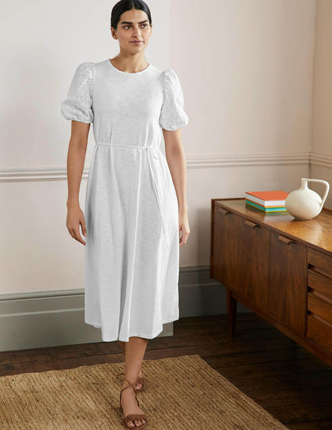 Broderie Mix Jersey Midi Dress - White