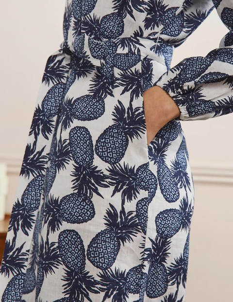 Robe longue à manches longues en lin - Ivoire, motif Pineapple Cluster