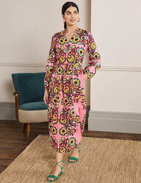 Long Sleeve Linen Maxi Dress - Azalea, Decorative Blooms
