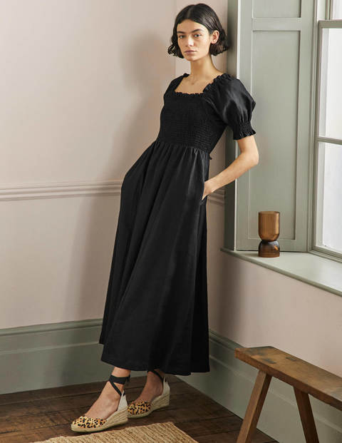 Smocked Bodice Midi Dress - Black 