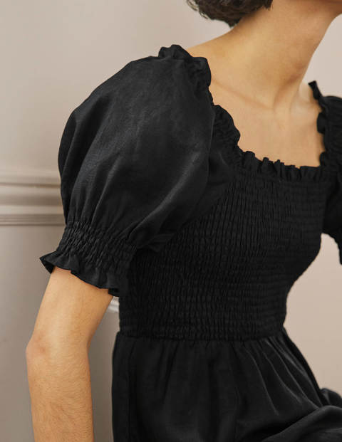 Smocked Bodice Midi Dress - Black