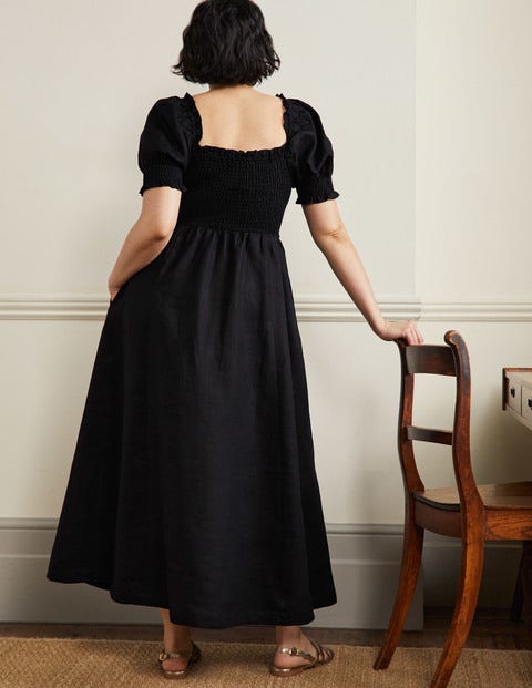 Smocked Bodice Midi Dress - Black 