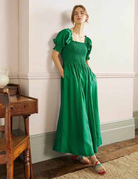 Smocked Bodice Midi Dress - Highland Green