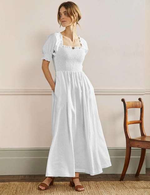 Smocked Bodice Midi Dress - White
