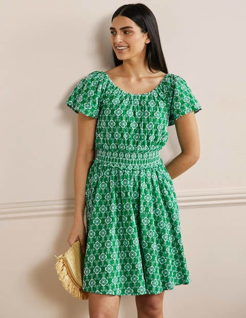 Besticktes Kleid mit Rundhalsausschnitt - Grün, Geometrisches Muster