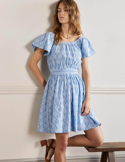 Scoop Neck Embroidered Dress - Blue Geo