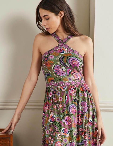 Halterneck Jersey Maxi Dress - Pea Decorative Meadow