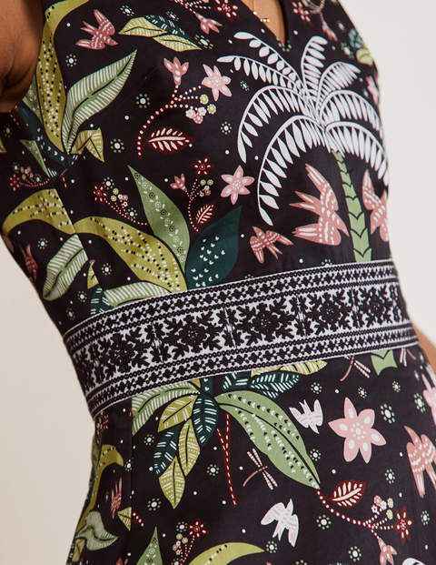 Embroidered Waist Midi Dress - Black, Oriental Palm