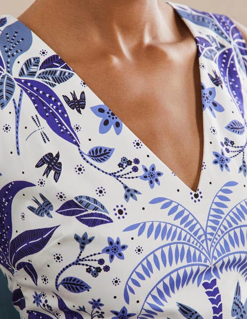 Embroidered Waist Midi Dress - Atlantic Ocean, Oriental Palm