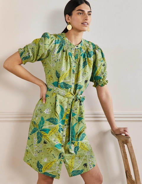 Gesmoktes Hemdblusenkleid aus Leinen - Blattgrün, Orientalisches Muster