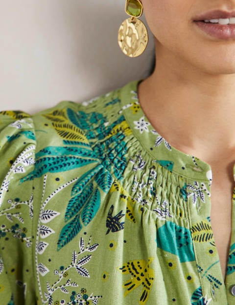 Robe-chemise à smocks en lin - Feuille, motif Oriental Cascade