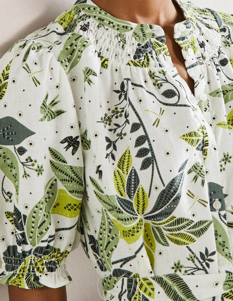 Smocked Linen Shirt Dress - Ivory, Oriental Cascade