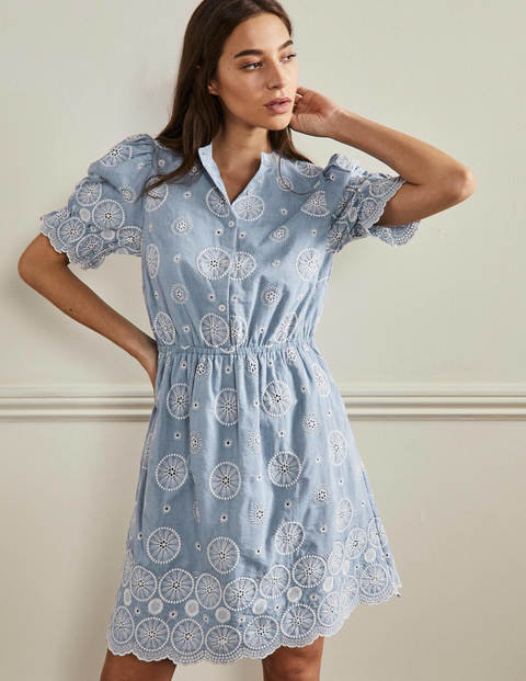 Puff Sleeve Broderie Dress - Chambray