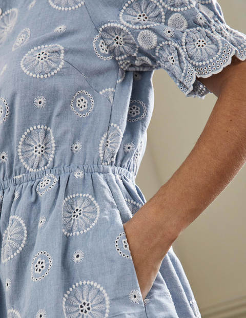 Puff Sleeve Broderie Dress - Chambray