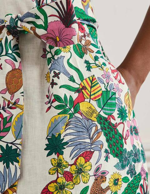 Puff Sleeve Linen Midi Dress - Ivory, Exotic Paradise