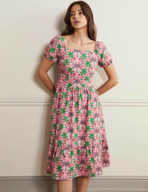 Square Neck Tiered Dress - Posy Pink, Oriental Palm