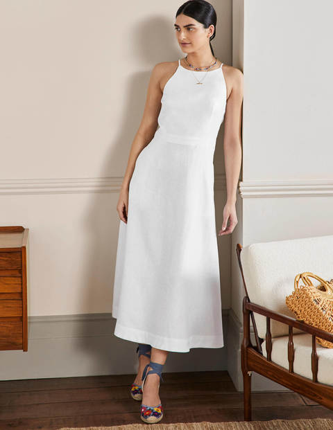 Halterneck Linen Midi Dress - White