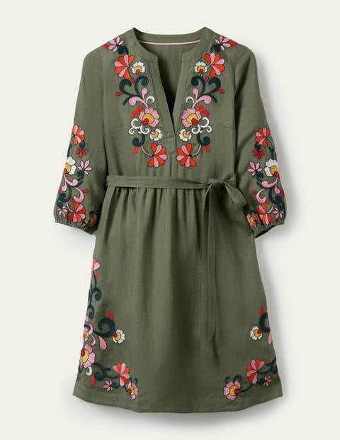 Embroidered Linen Dress - Alder | Boden US