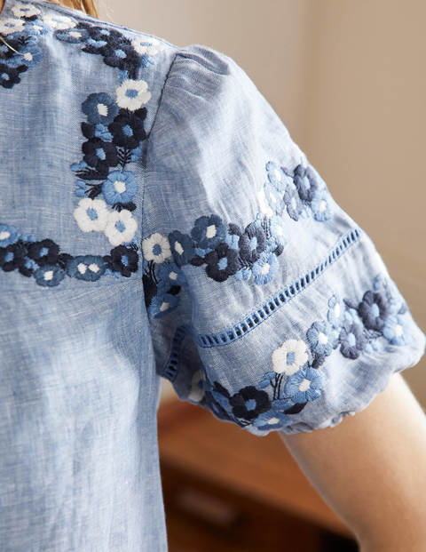 Embroidered Linen Shift Dress - Chambray