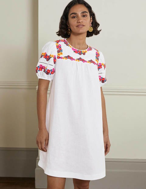 Embroidered Linen Shift Dress - White