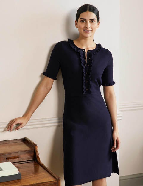 Frill Detail Knitted Dress - Navy