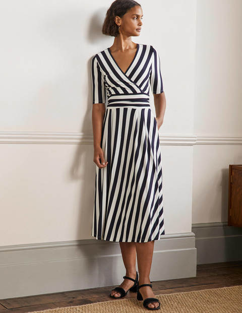 Ruched Waist Jersey Midi Dress - Navy and Ivory Stripe