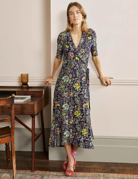 Lavinia Jersey Wrap Dress - Navy, Tropic Meadow