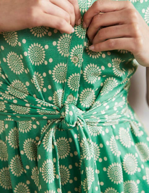 Tie Waist Jersey Shirt Dress - Rich Emerald, Sun Geo