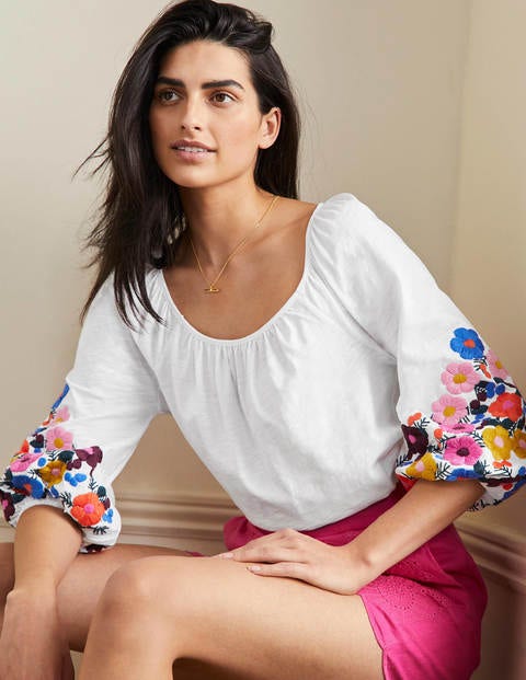 Hayden Embroidered Jersey Top - White, Multi Floral Embroidery