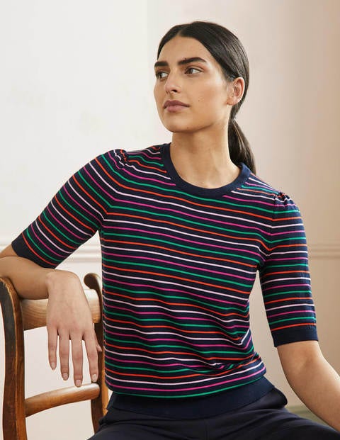 Cotton Crew Knitted Top - Navy, Multi Stripe